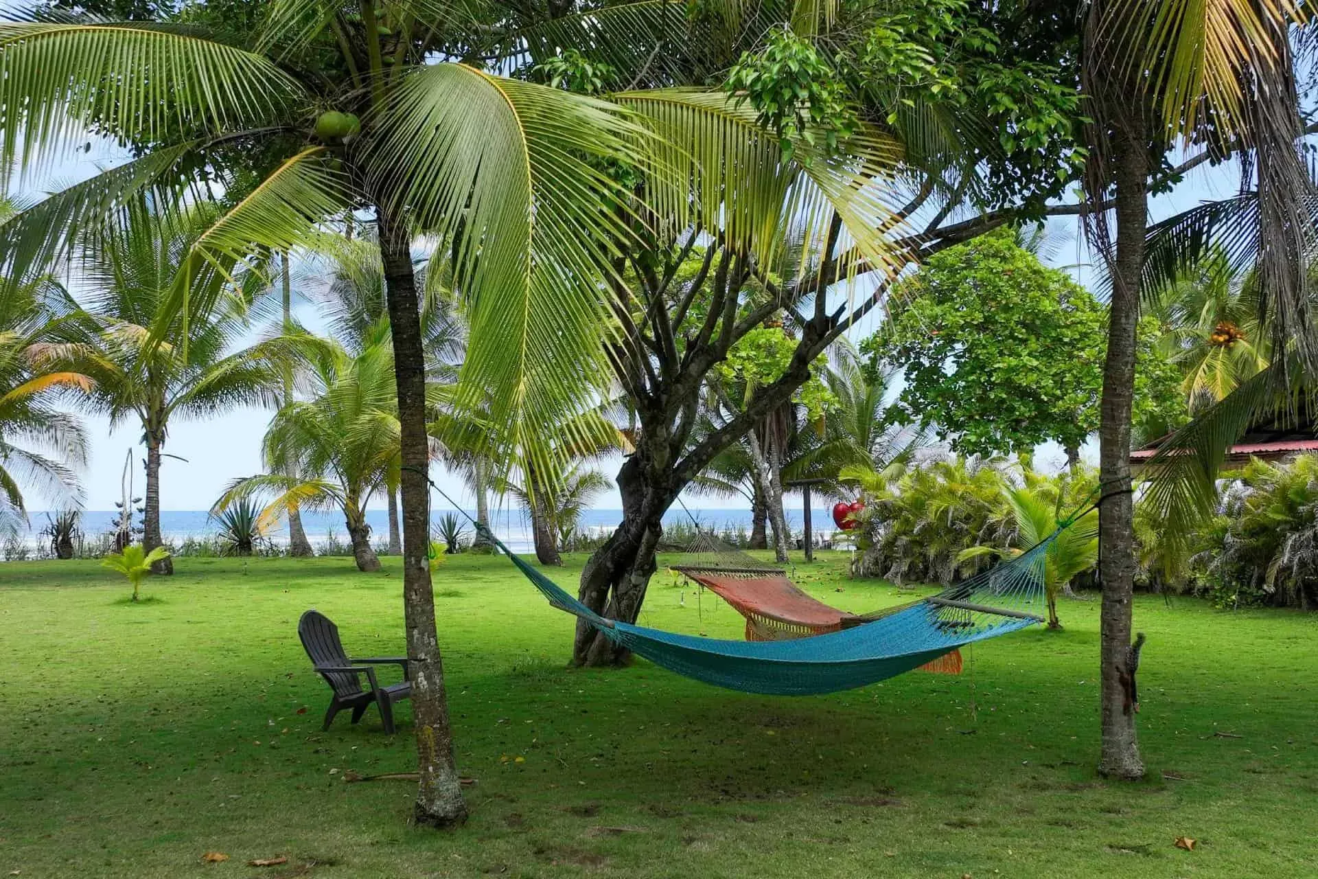 Outdoor dining area at Pavones Surf Camp surrounded by jungle